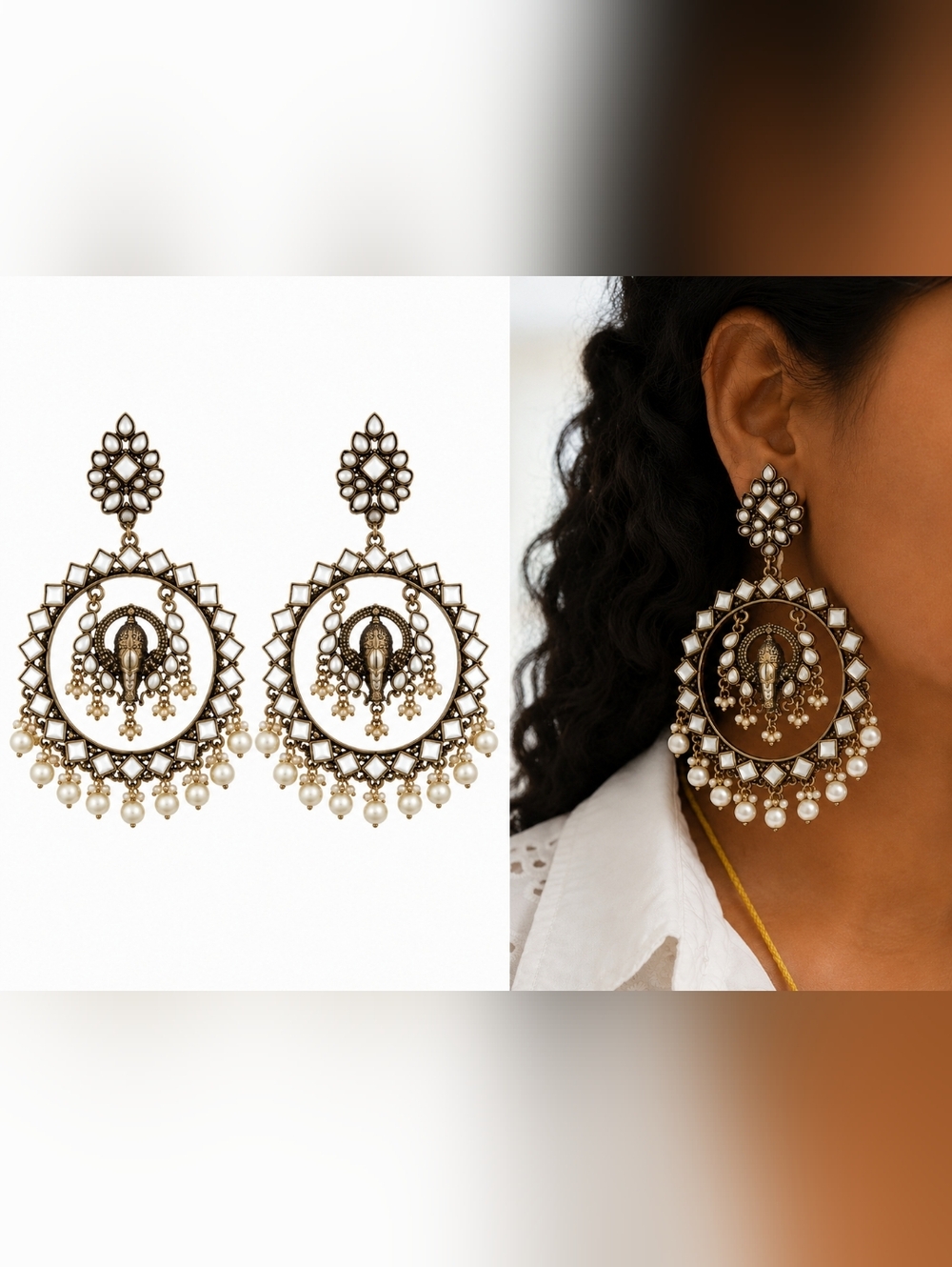 Antique Gold Pearl Chandbali Earrings - Women Jewelry